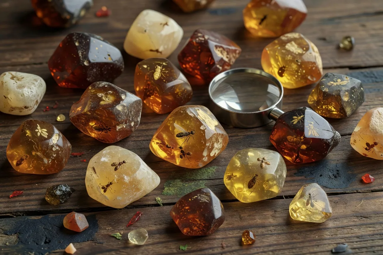 Bijoux en ambre baltique polonais aux teintes miel exposés sur fond de plage de la mer Baltique