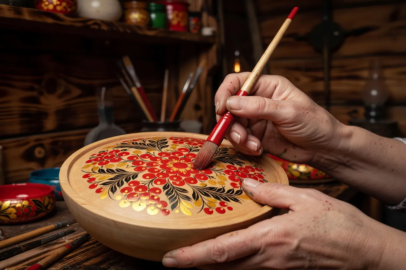 Mains d'artisane peignant un motif floral Khokhloma sur bois