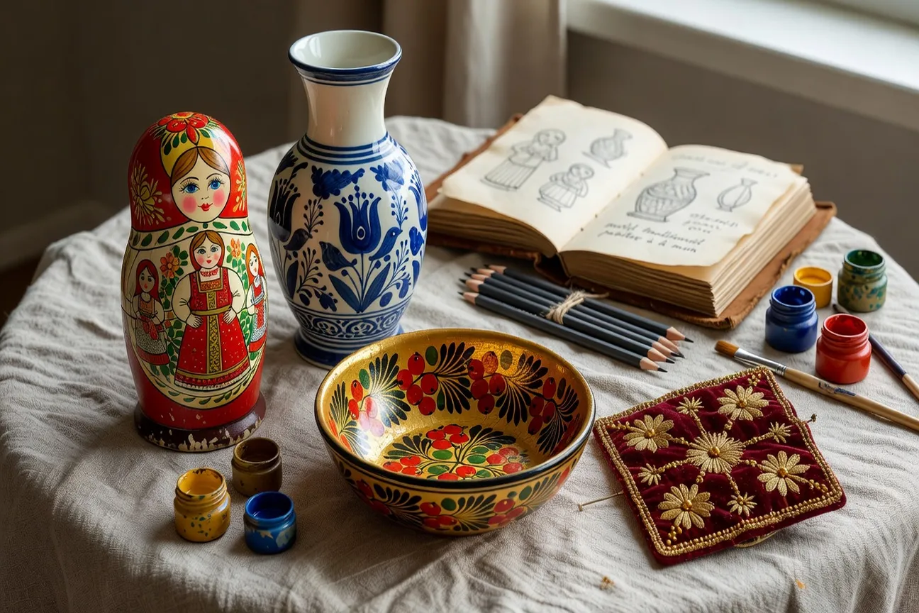 Collection d'objets slaves : matriochka, vase Gzhel, bol Khokhloma sur nappe de lin