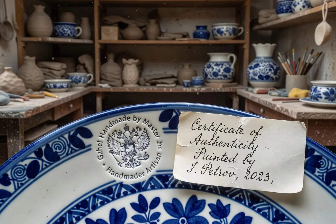 Gros plan d'un poinçon d'artisan sur céramique Gzhel et étiquette d'authentification