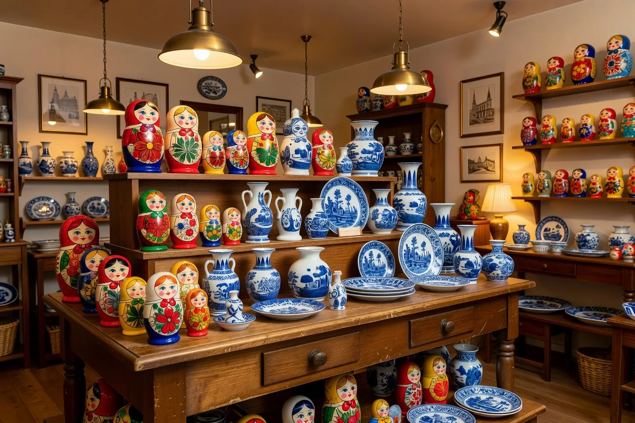 Intérieur d'une galerie d'artisanat slave à Paris : matriochkas et céramiques colorées sur présentoir