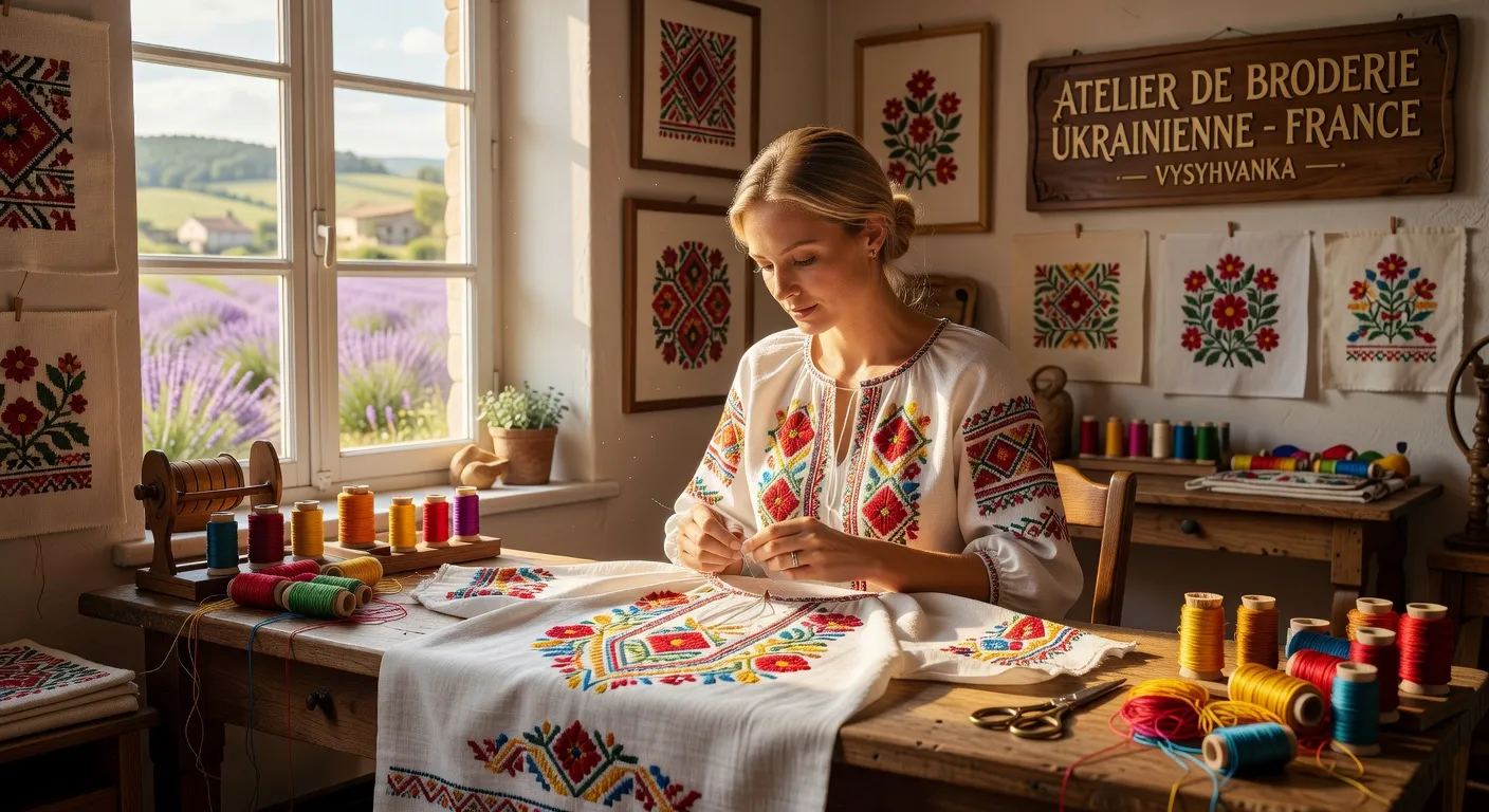 Atelier de broderie ukrainienne en France, vyshyvanka en cours