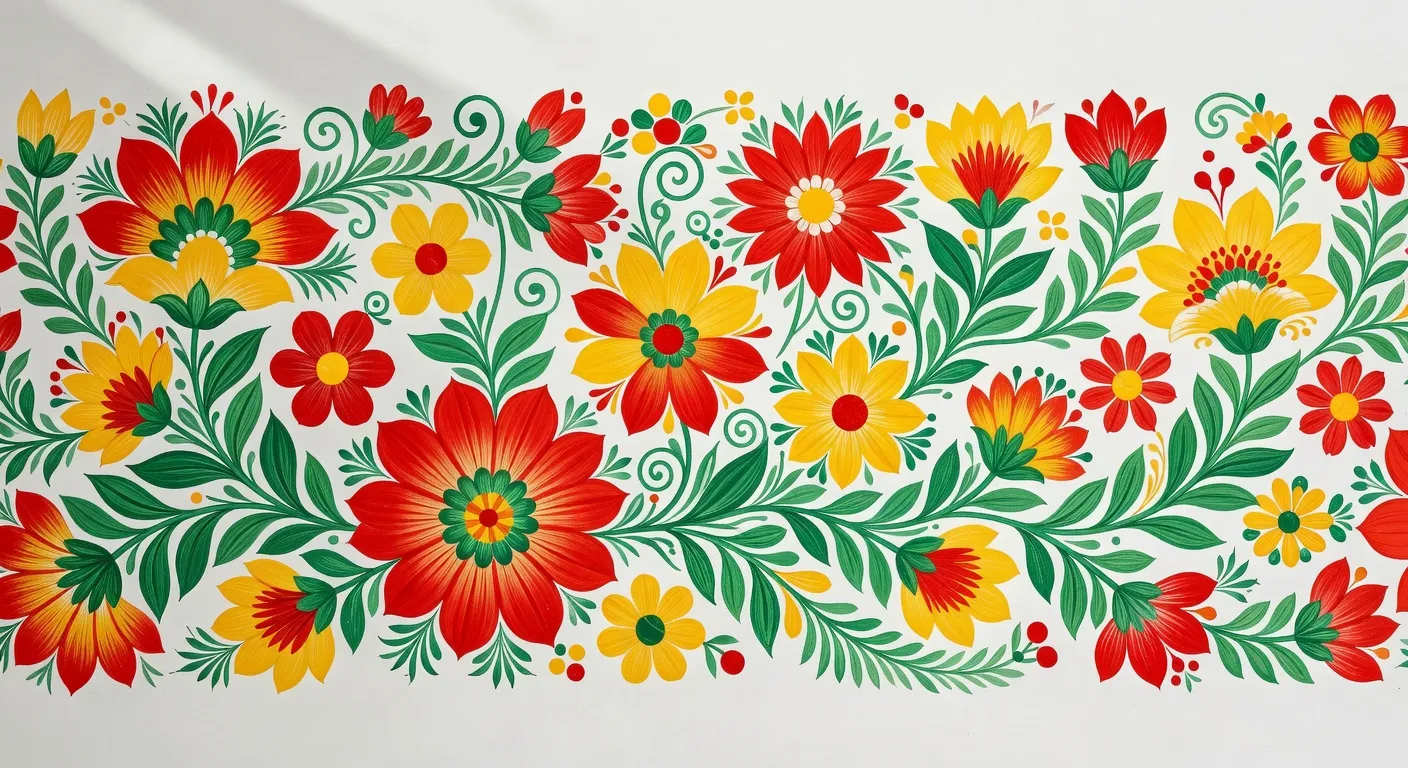 Motifs petrykivka floraux, couleurs vives sur fond blanc