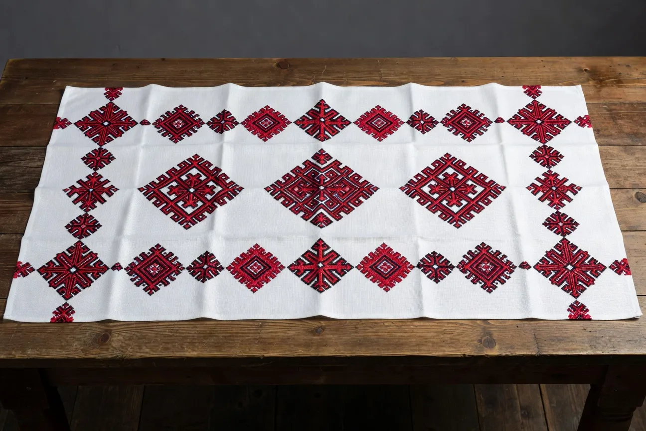 Rushniki bielorusses brodés en lin : motifs rouges et noirs réversibles sur tissu blanc