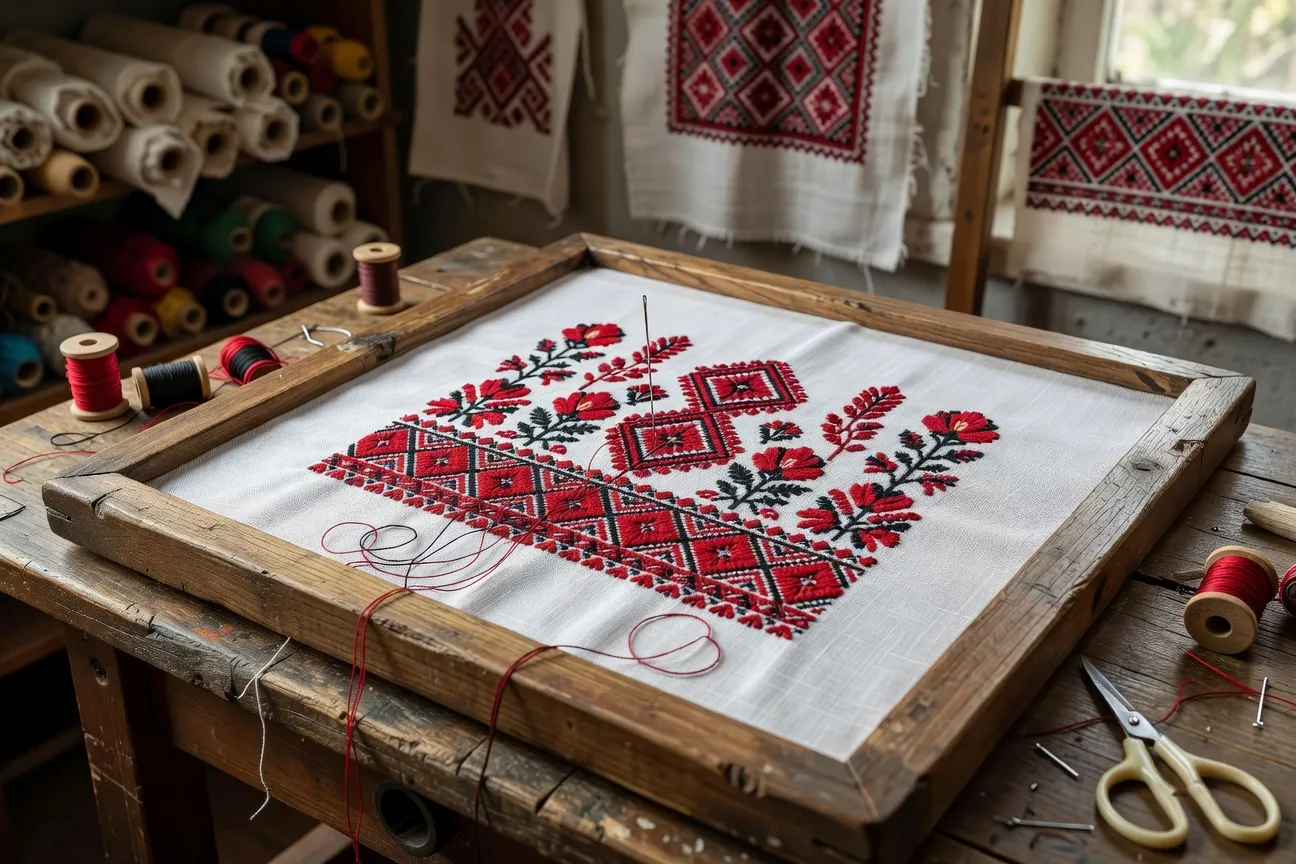 Motifs géométriques de vyshyvanka ukrainienne : rhombes et croix brodés sur lin blanc