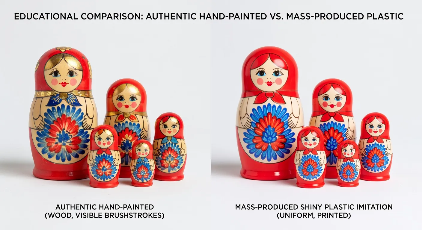 Comparatif : matriochka authentique peinte à la main vs matriochka plastifiée industrielle sur fond blanc