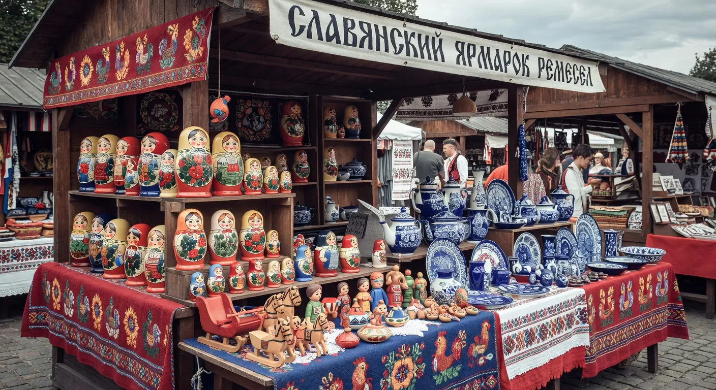 Étal de salon artisanal slave avec matriochkas, céramiques et broderies colorées