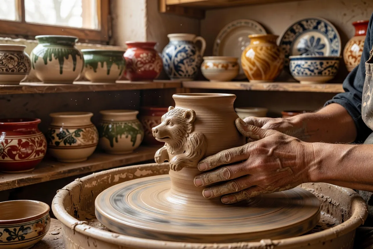 Atelier de potier à Skopin façonnant un lion ailé en argile locale avant cuisson