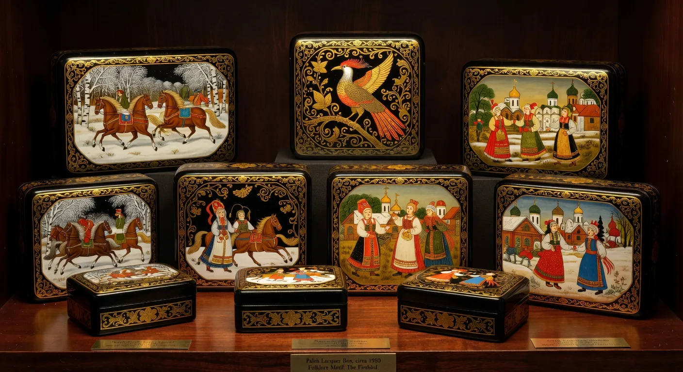 Collection de boîtes laquées Palekh sur étagère en bois sombre