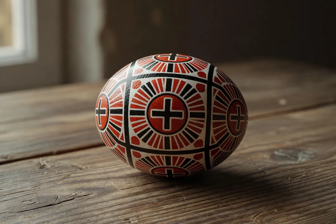 Œuf pysanka ukrainien décoré de motifs solaires et géométriques traditionnels