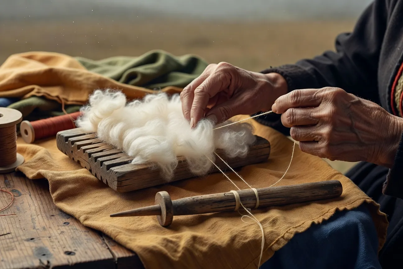 Détail d'un châle d'Orenbourg en duvet de chèvre passé à travers une bague pour démontrer sa finesse