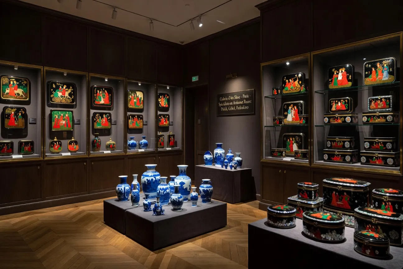 Interieur galerie specialisee arts slaves : miniatures Palekh, vases Gzhel, coffrets laques