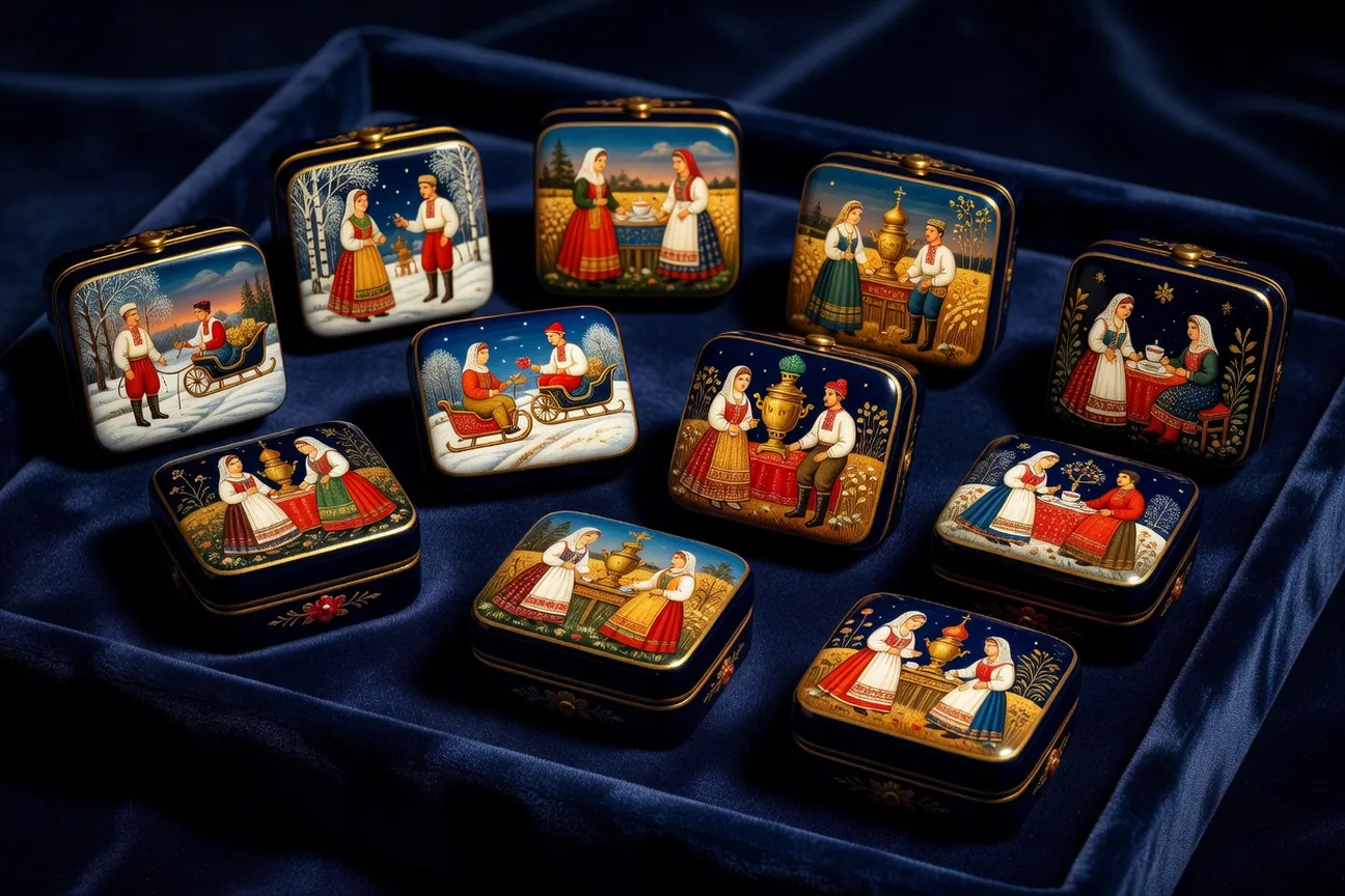 Collection de miniatures laquees Palekh et Fedoskino sur velours bleu nuit, eclairage galerie