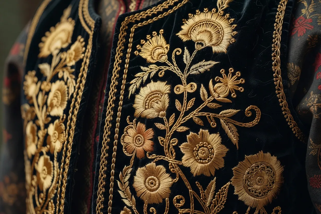 Détail de broderie au fil d'or sur un gilet de costume traditionnel balkanique