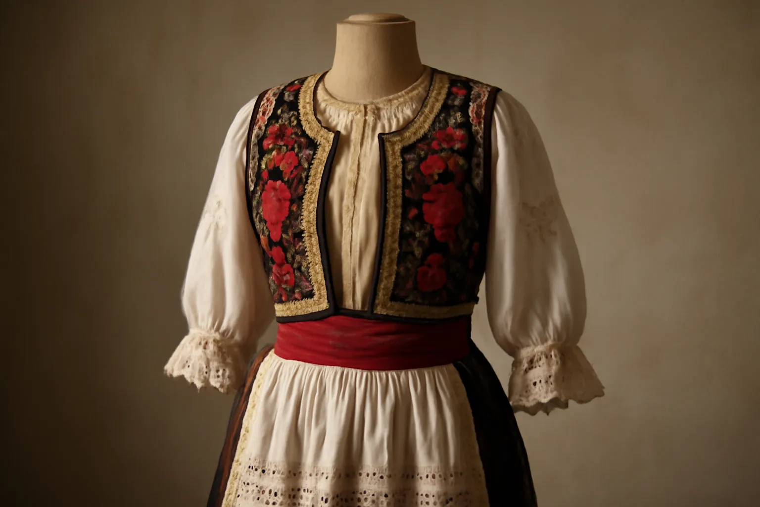 Costume folklorique balkanique brodé exposé avec dentelle et ornements