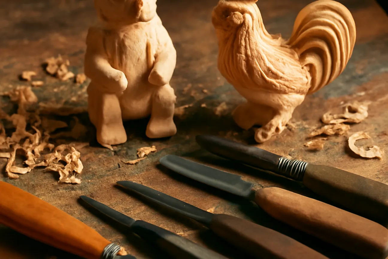 Atelier de sculpteur à Bogorodskoïe avec ours forgeron en bois de tilleul brut et outils traditionnels