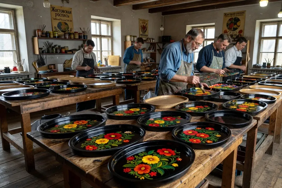 Artisan Jostovo dans son atelier à Zhostovo, entouré de plateaux en cours de peinture — laque noire et bouquets floraux multicolores