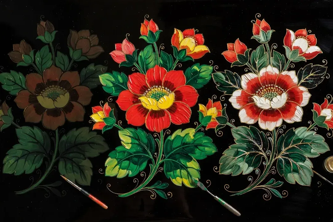 Détail de la technique Jostovo : couches successives de peinture à l'huile sur fond noir, roses et pivoines en cours de réalisation