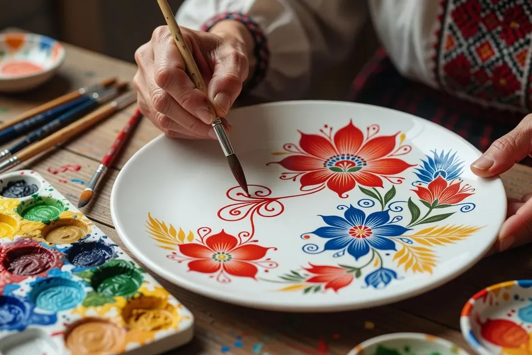 Mains de Natalia Bondarenko peignant des motifs Petrykivka floraux à main levée sur une assiette blanche
