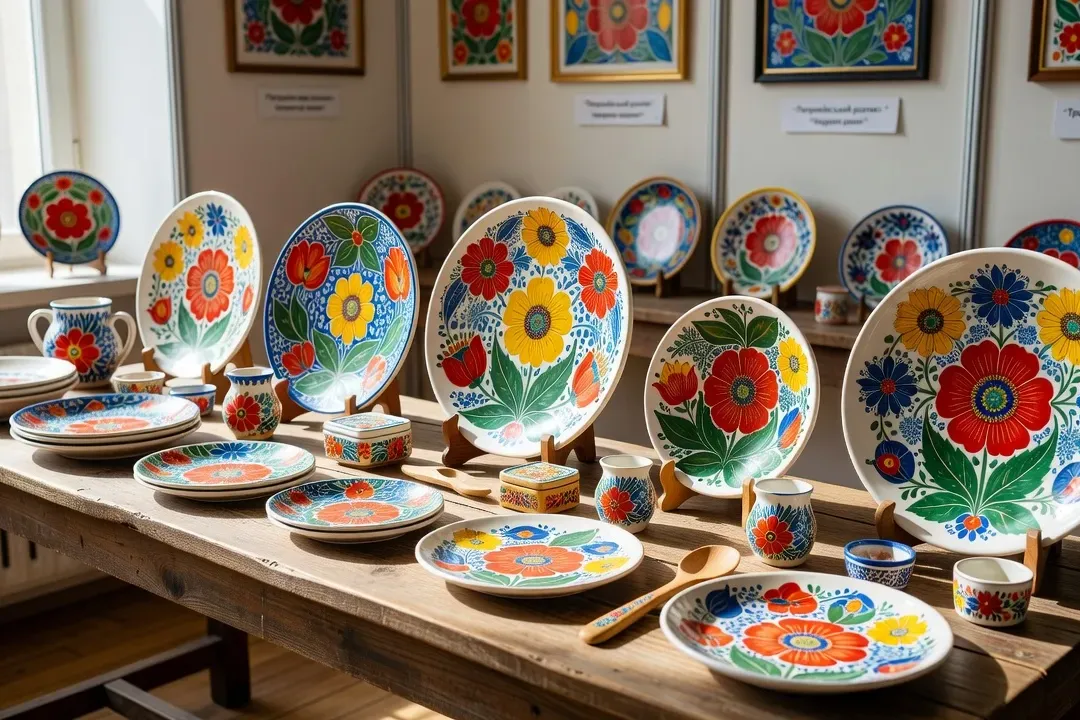 Objets Petrykivka exposés sur une table — assiettes, vases et cartons peints de motifs floraux ukrainiens traditionnels