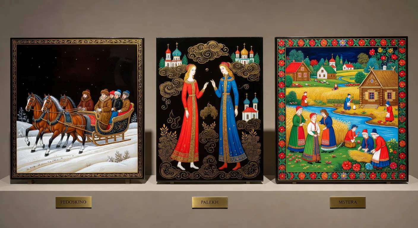 Trois miniatures russes côte à côte : Fedoskino fond sombre, Palekh personnages étirés, Mstera paysage coloré