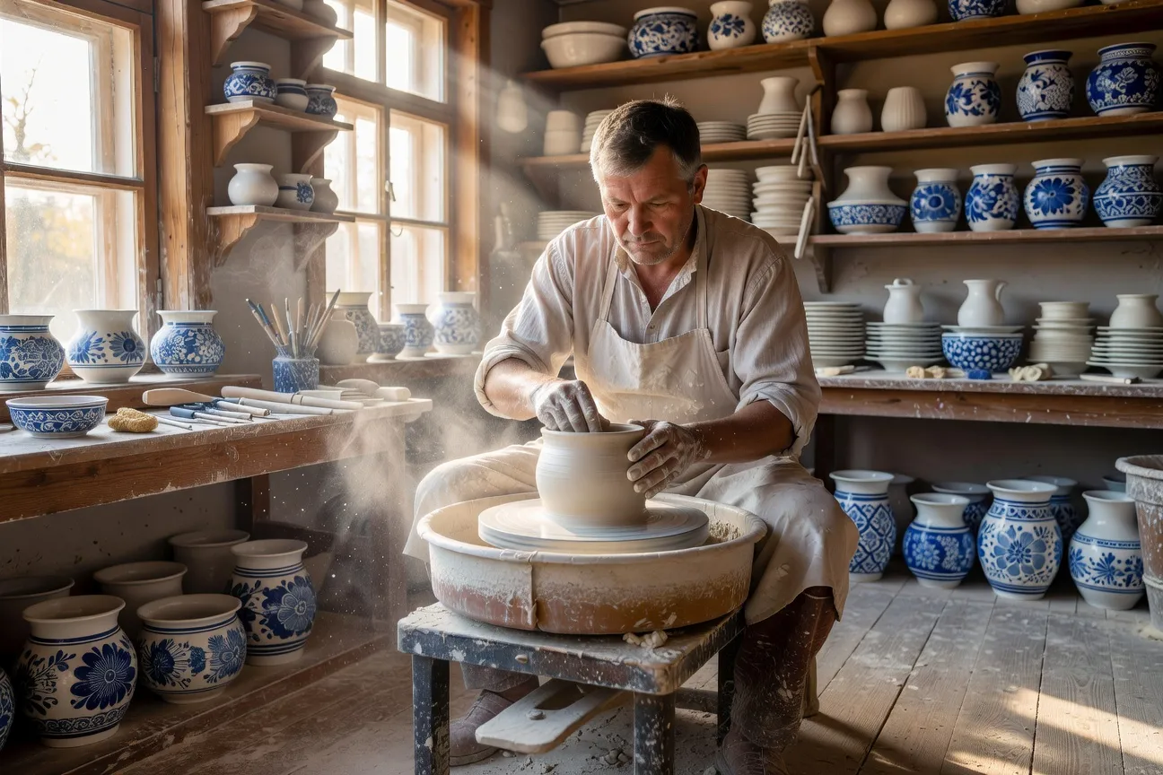 Artisan tournant de la porcelaine blanche en atelier Gzhel, poussière d'argile en suspension