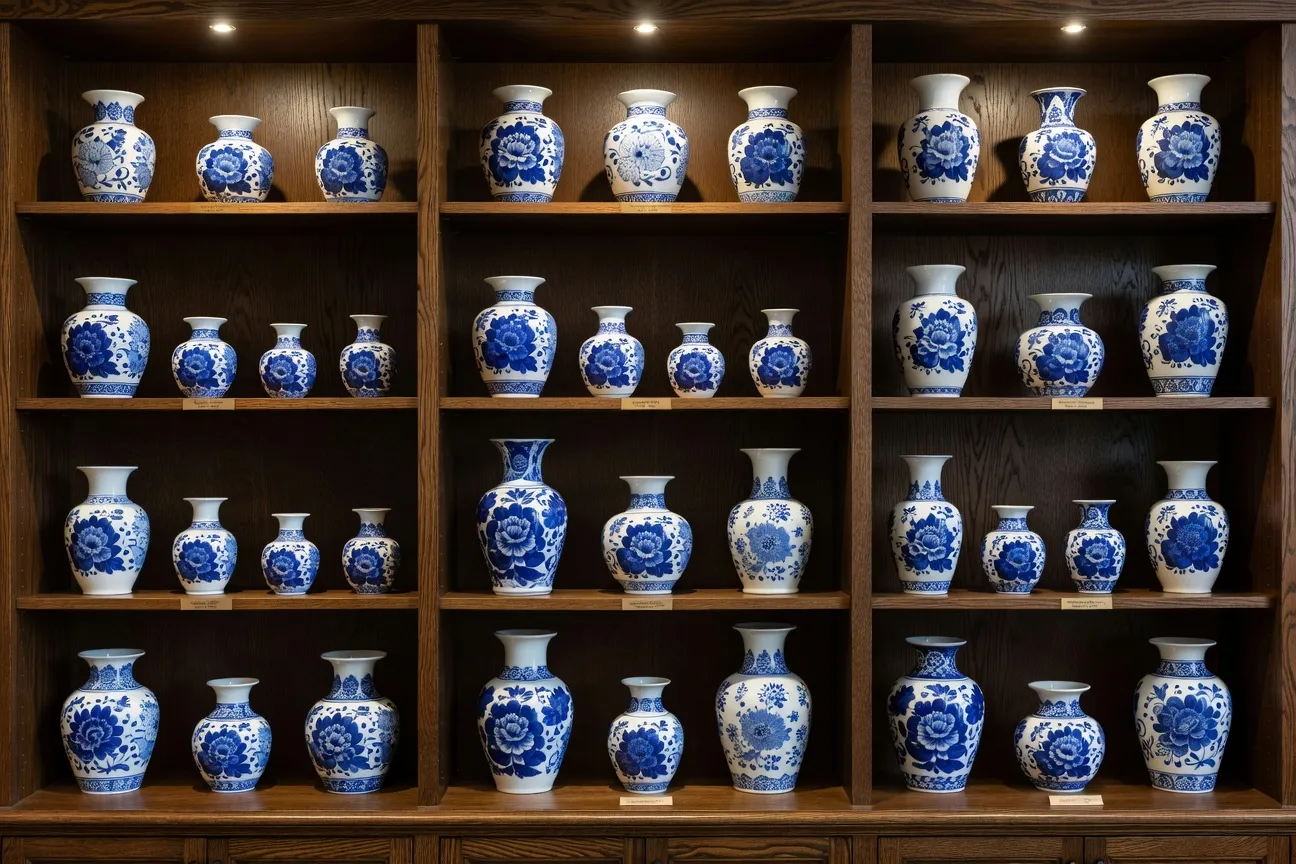 Étagère de vases Gzhel bleu cobalt de différentes époques, collection parisienne