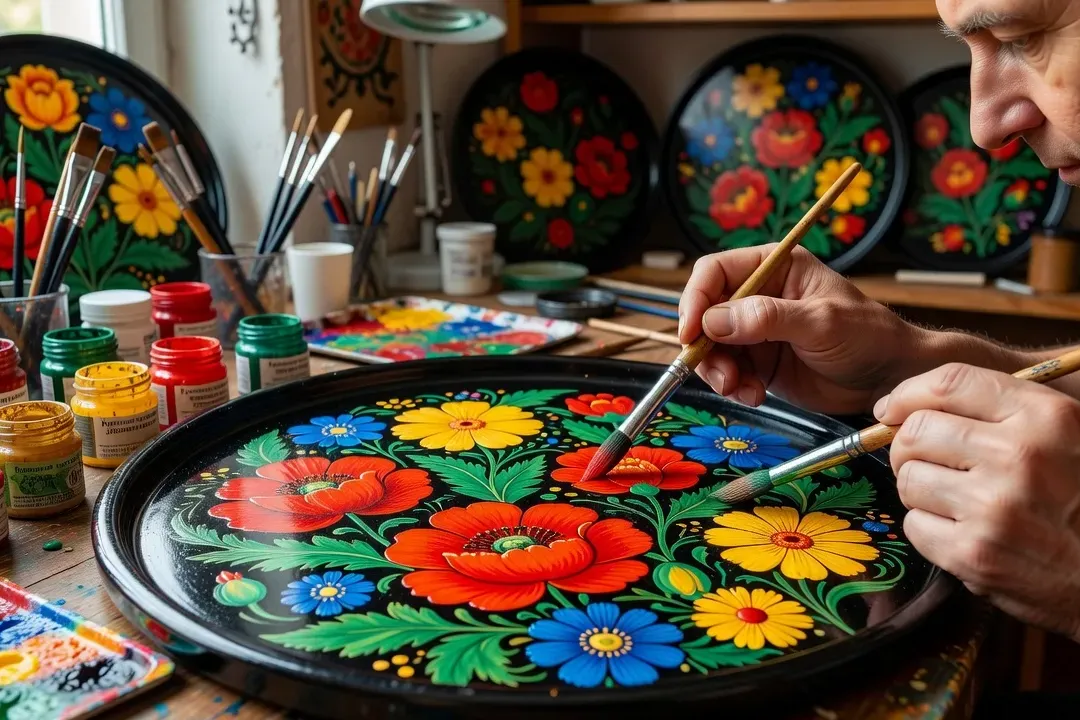 Artisan peignant un plateau Jostovo à la main, bouquets floraux sur fond noir, atelier de Zhostovo