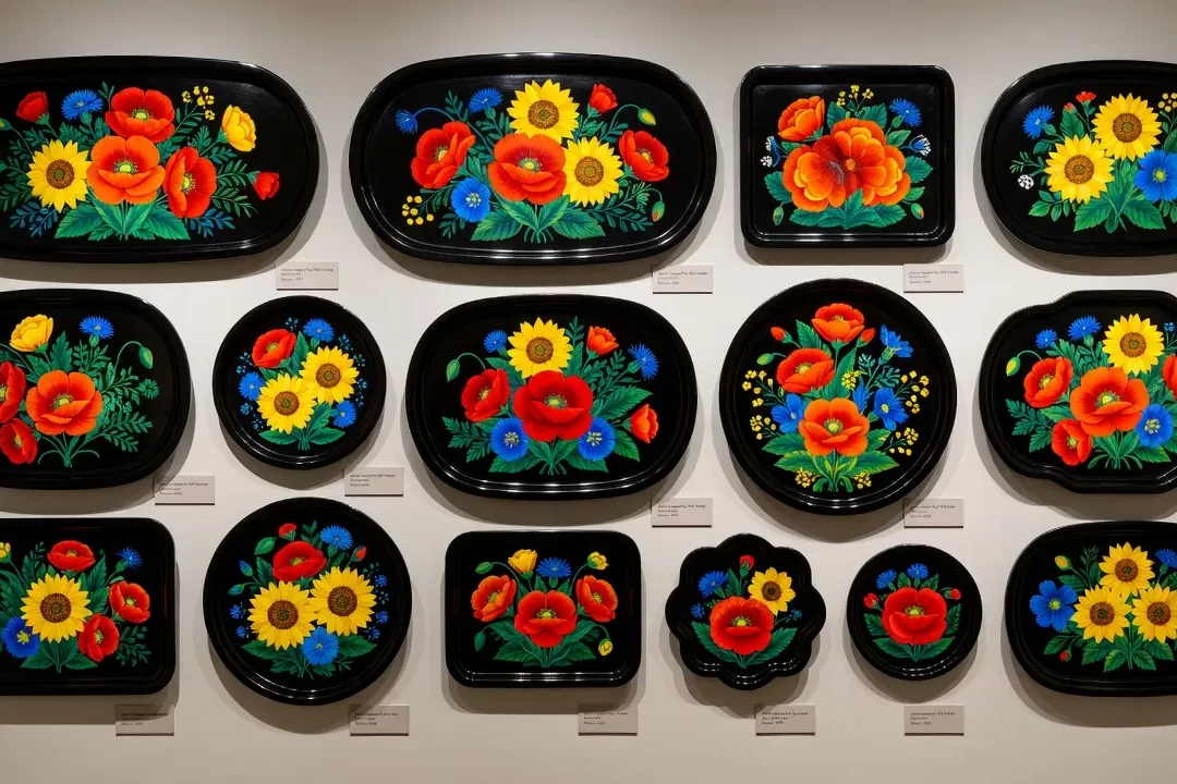 Collection de plateaux Jostovo de différentes formes exposés — ronds, ovales, rectangulaires — fond noir, décors floraux multicolores