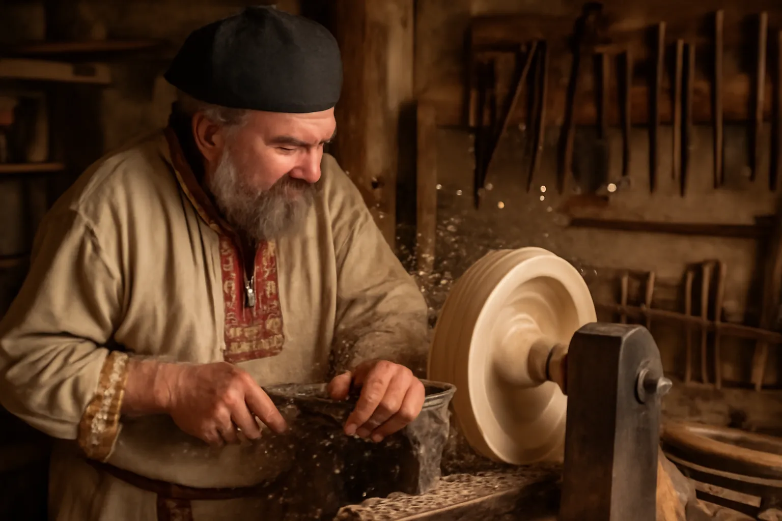 Tournage du bois sur un tour dans un atelier artisanal traditionnel russe