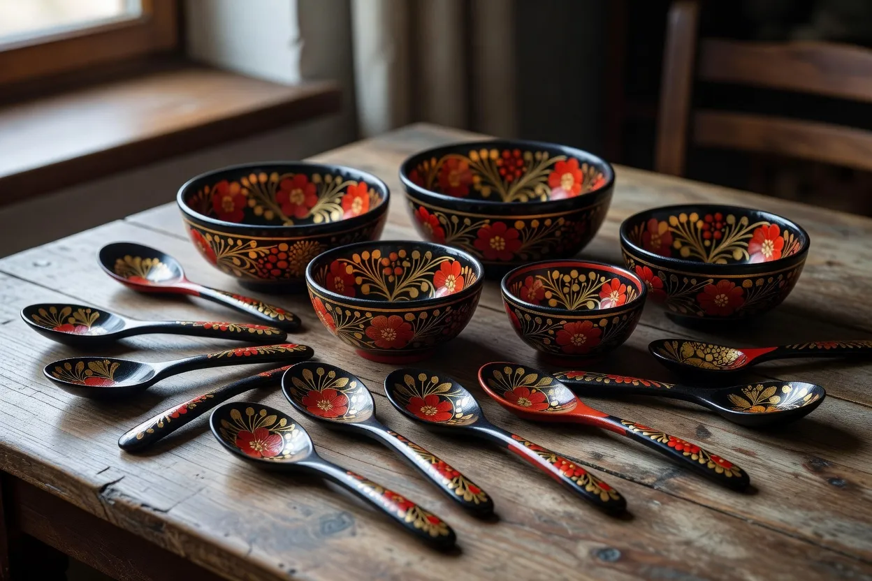 Collection de cuillères et bols peints Khokhloma aux motifs rouge, noir et or