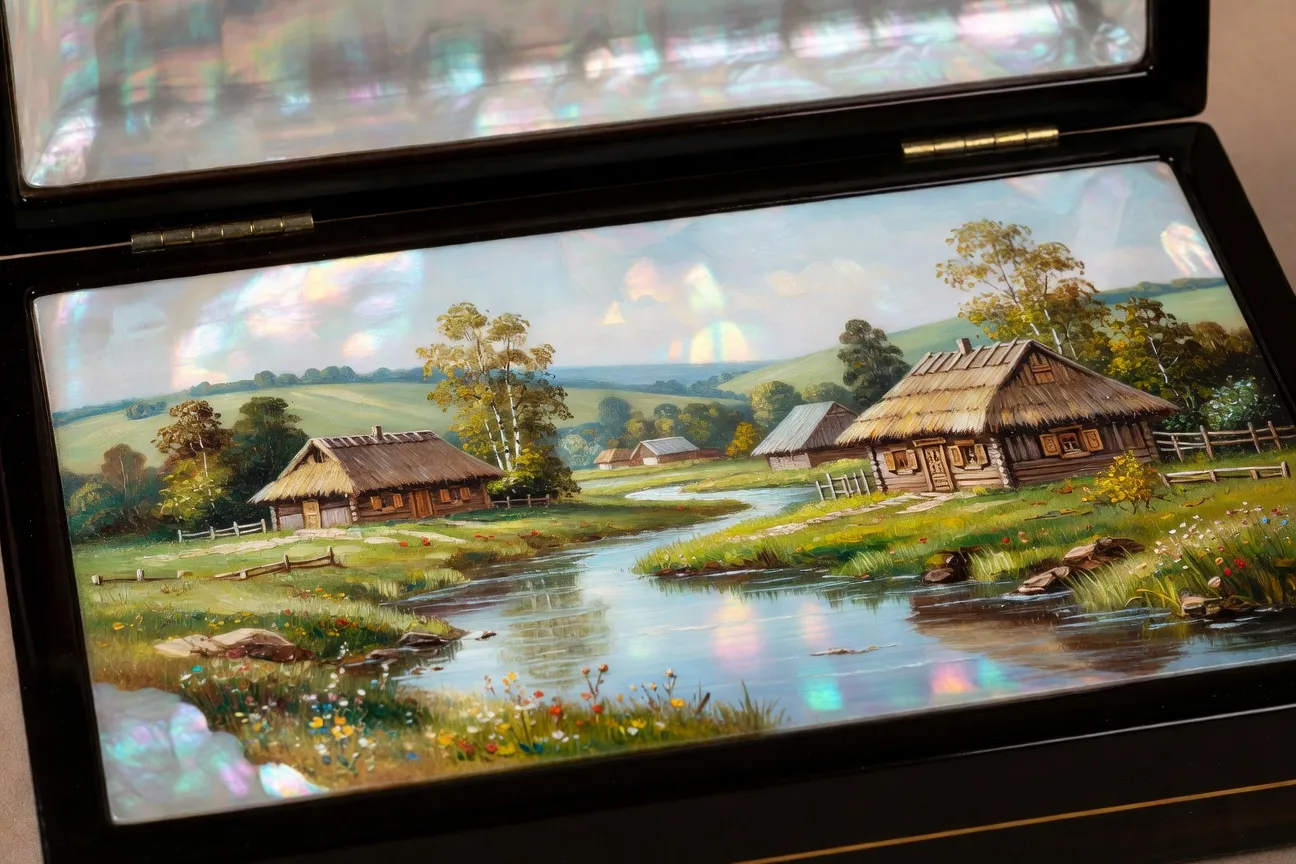 Boîte Fedoskino ouverte : nacre iridescente sous la peinture à l'huile
