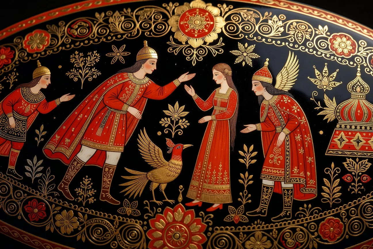 Détail d'une miniature Palekh : personnages allongés sur fond noir, peinture à tempera