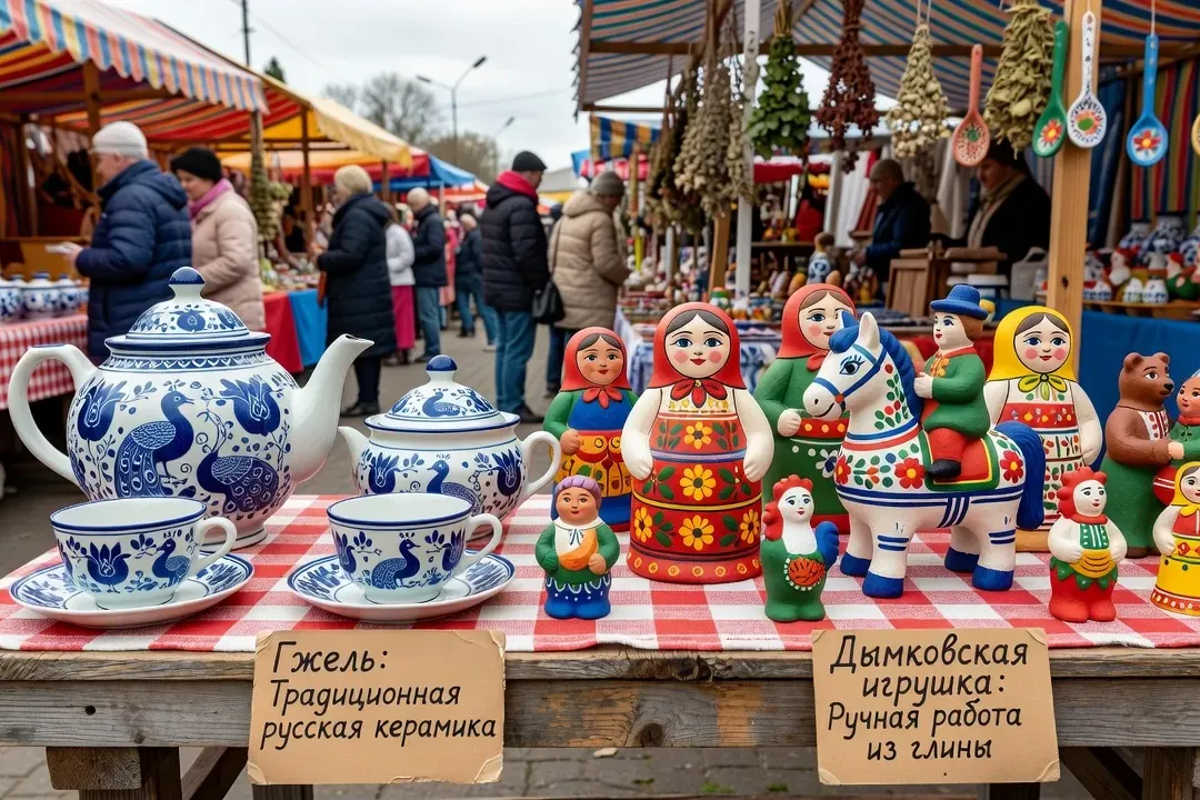 Poteries de Gzhel et figurines de Dymkovo exposées sur un marché artisanal