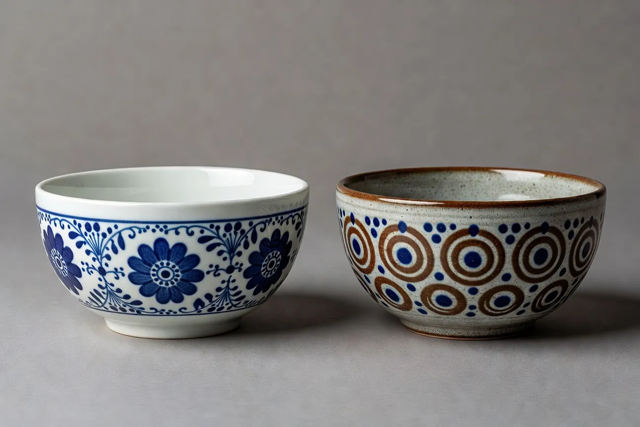 Atelier de ceramique Boleslawiec : bols et tasses a motifs paon sur etageres