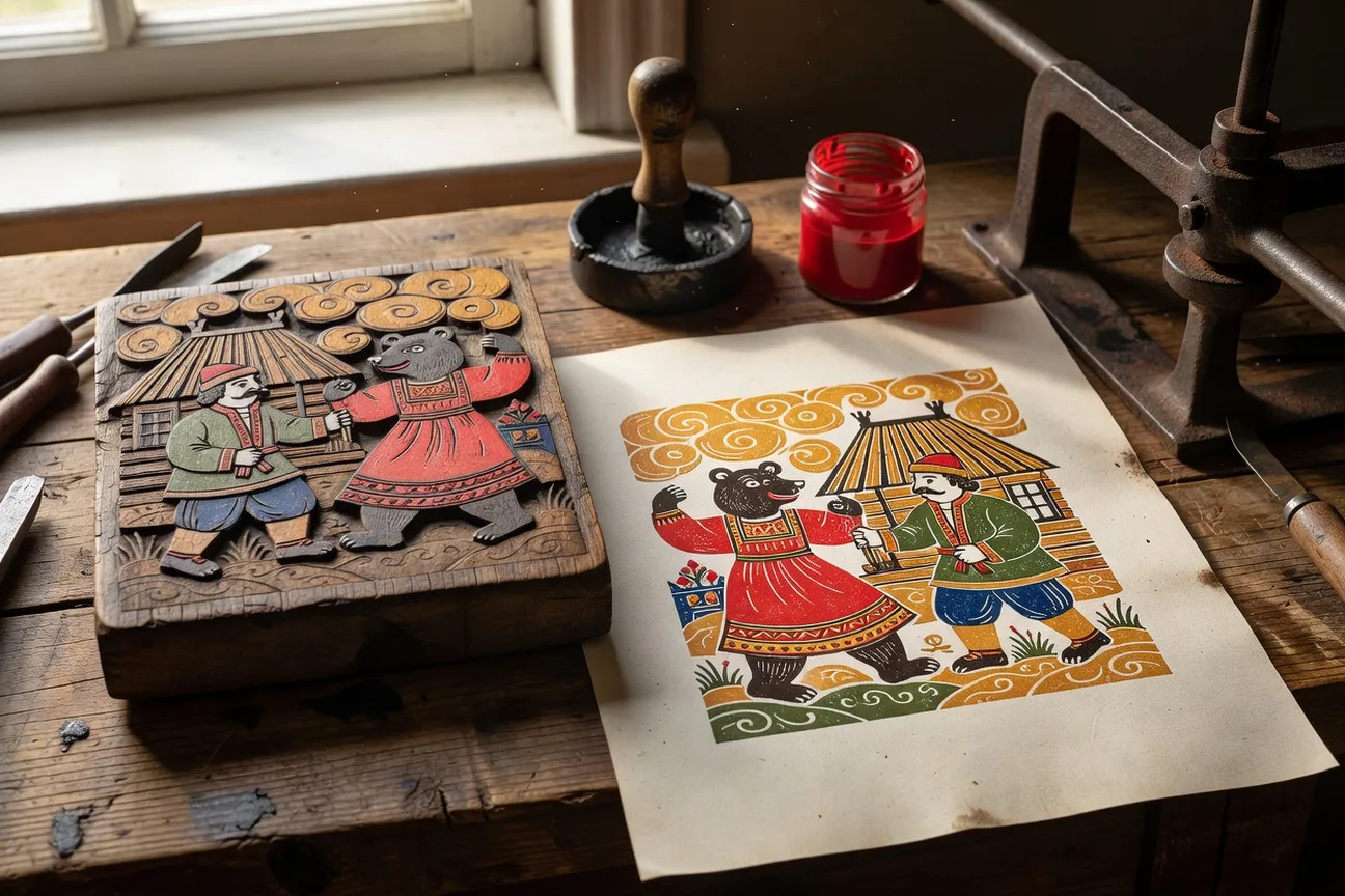 Estampe lubok ancienne représentant une scène de conte populaire russe avec bordure décorative et texte manuscrit