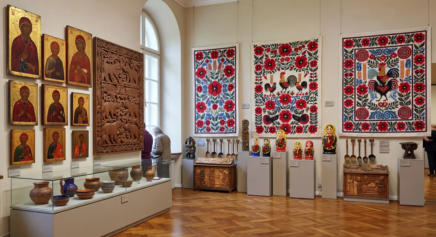 Salle de musée européen présentant des objets d'artisanat slave sous vitrine éclairée