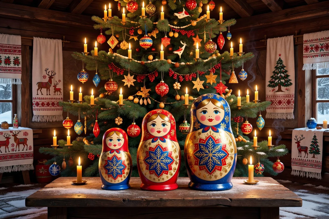 Matriochka de Noël décorée sous un sapin slave : personnages russes peints en habits d'hiver
