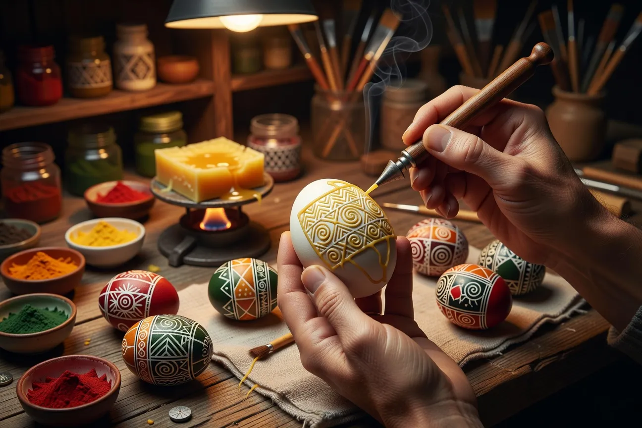 Fabrication de pysanky ukrainiens à l'atelier : œufs décorés à la cire et aux teintures naturelles