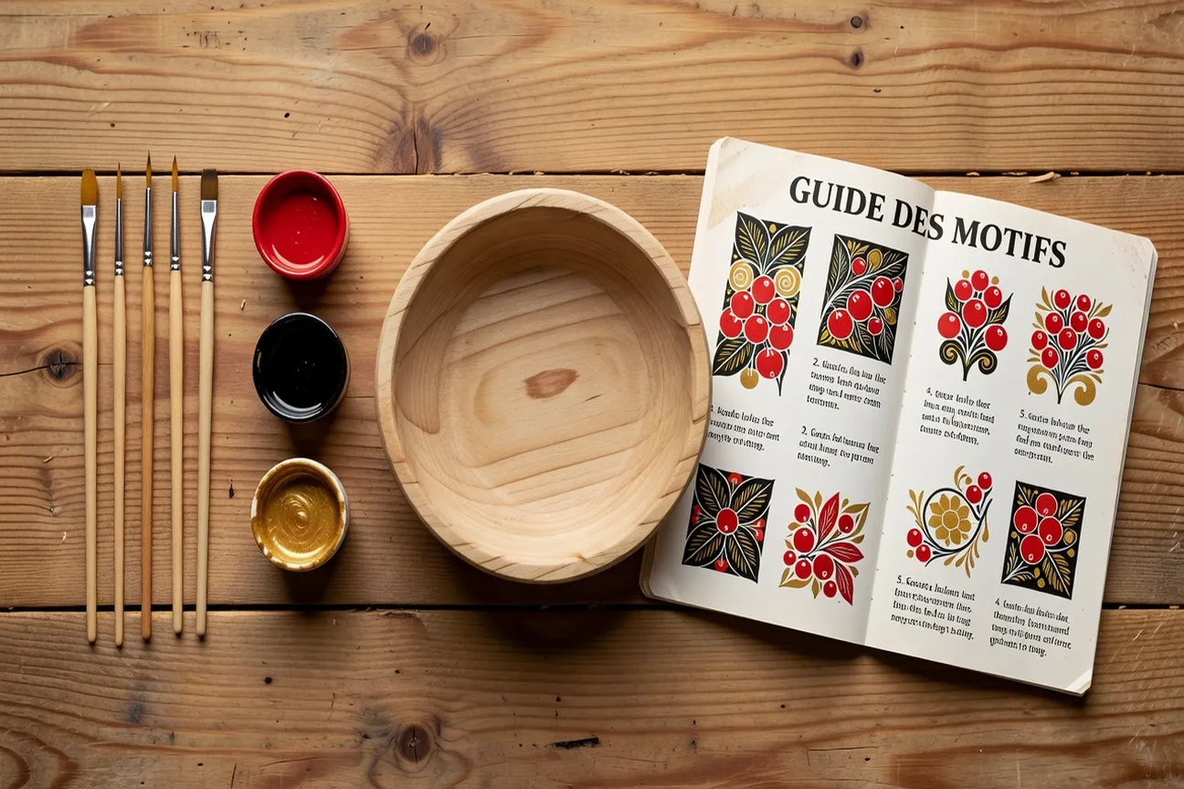 Kit de peinture Khokhloma pour débutant : pinceaux fins, pots de peinture rouge, noir et or, bol en bois brut et guide illustré sur fond bois