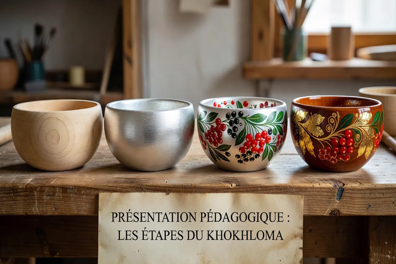 Progression d'apprentissage Khokhloma : quatre bols montrant les étapes (bois brut, apprêt, motifs en cours, finition vernie), style pédagogique