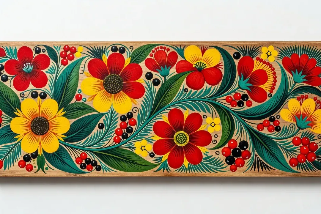 Artisane Petrykivka peignant des motifs floraux à main levée sur fond blanc