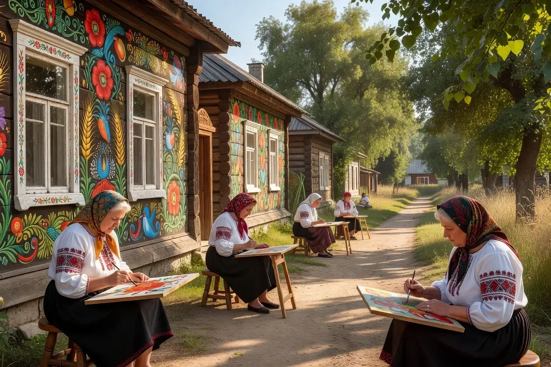 Village de Petrykivka, Ukraine : maisons avec façades peintes de motifs floraux traditionnels