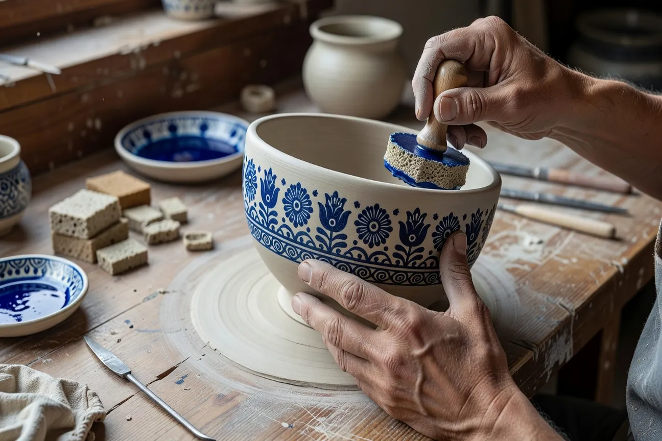 Mains d'artisan appliquant des motifs a l'eponge sur un bol ceramique blanc, atelier Boleslawiec