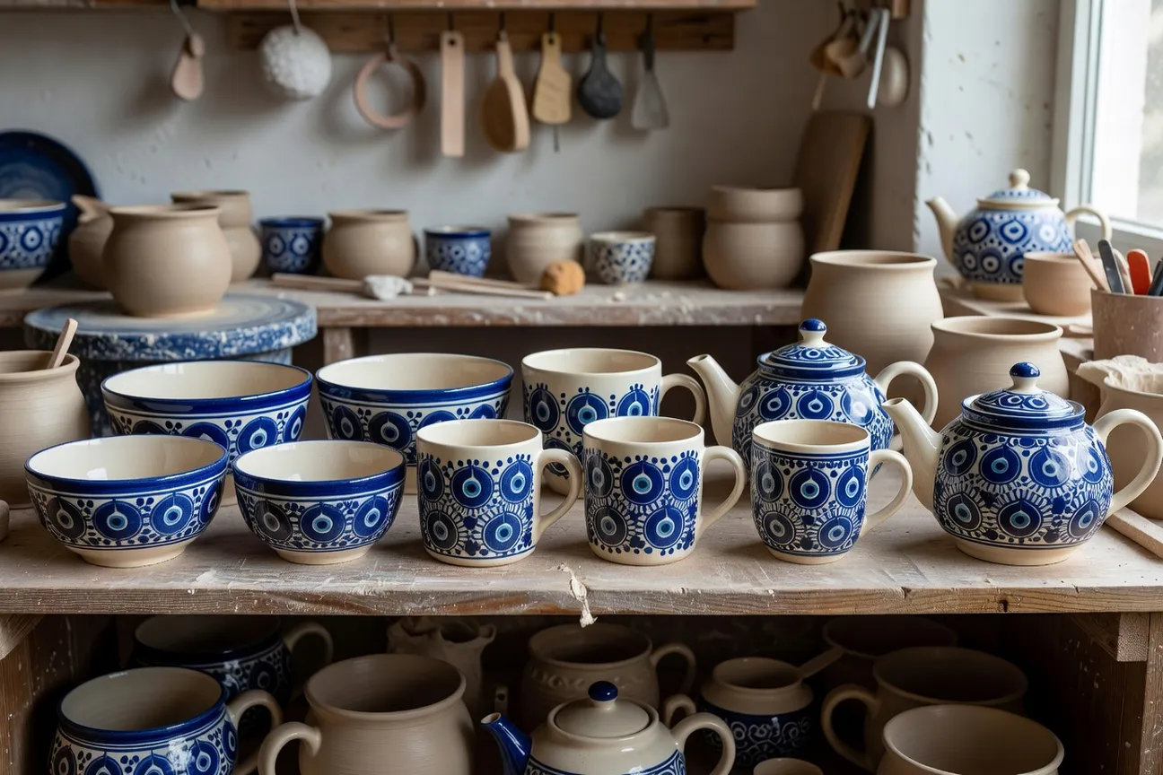 Rangee de ceramiques Boleslawiec authentiques sur etagere : bols et mugs aux motifs paon