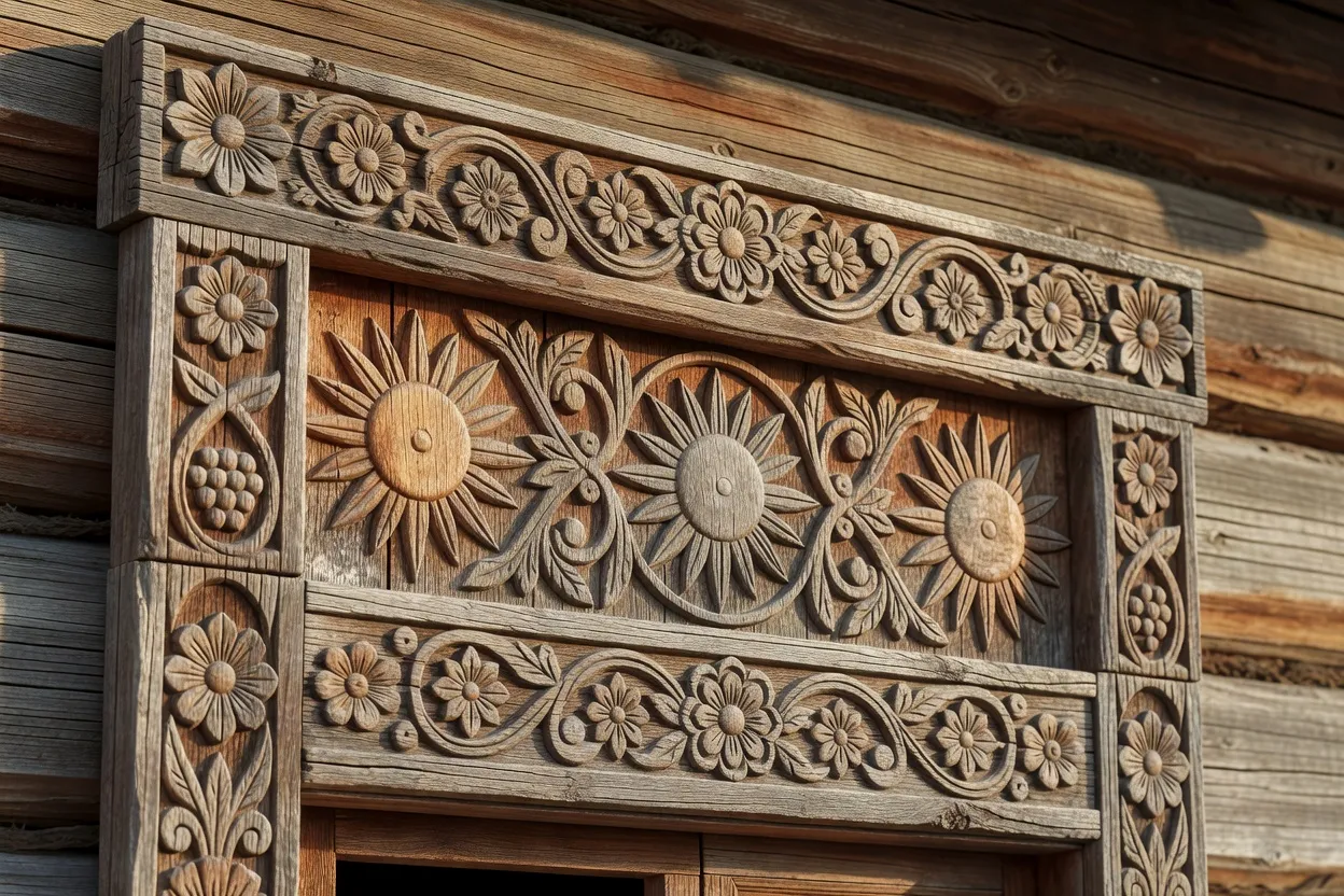 Détail sculpté d'une nalichnik en bois ornant la façade d'une izba russe