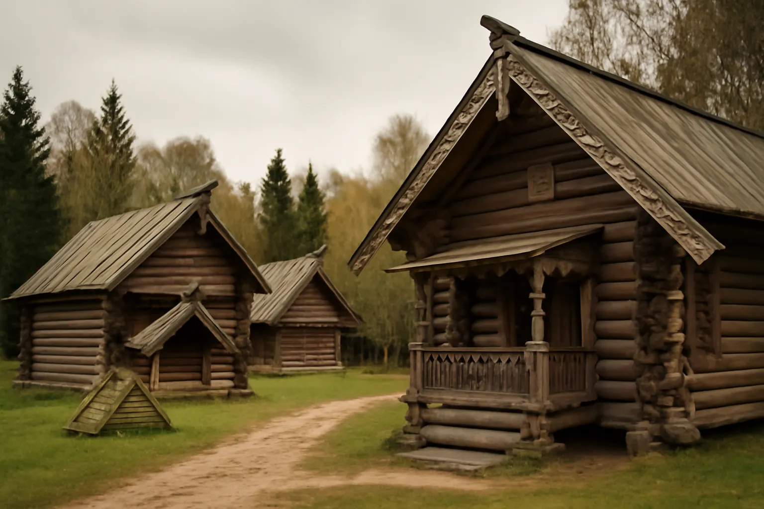 Musée de plein air présentant des maisons en bois traditionnelles russes