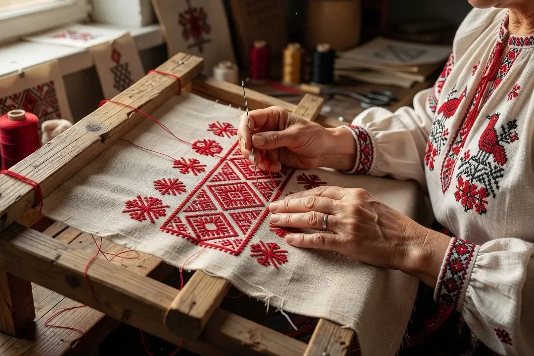Artisane biélorusse brodant un rushnik sur lin blanc avec fils rouges traditionnels