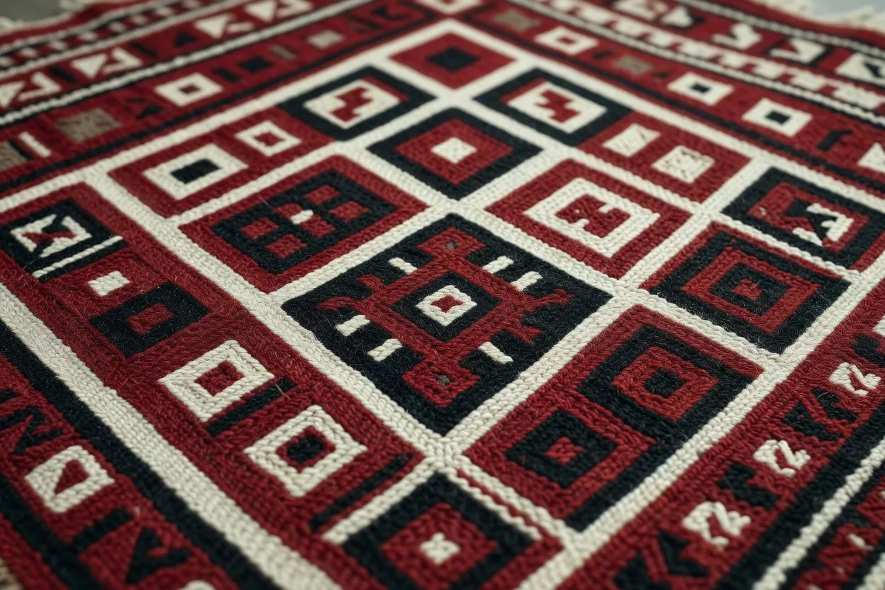 Détail macro d'un kilim tissé à plat aux motifs géométriques rouges et noirs
