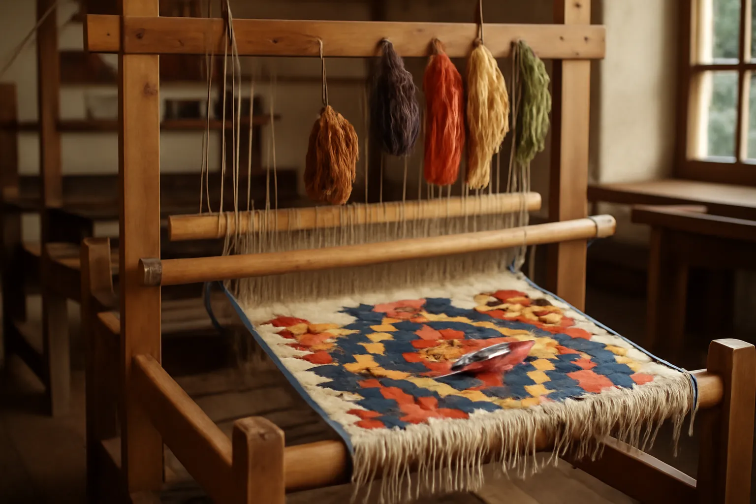 Métier à tisser traditionnel avec fils de laine colorés en cours de tissage